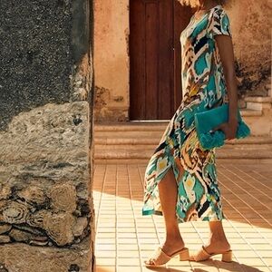 Chico's Travelers Ikat Abstract Midi Dress Slit Teal Multicolor 3 Petite / 16-18